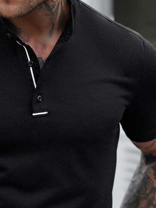 Manfinity Homme قميص بولو كاجوال قصير الأكمام ذو موحد اللون ووجه بنمط مقطع مع بأزرار في المقدمة للرجال