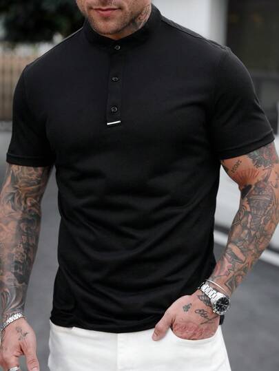 Manfinity Homme قميص بولو كاجوال قصير الأكمام ذو موحد اللون ووجه بنمط مقطع مع بأزرار في المقدمة للرجال