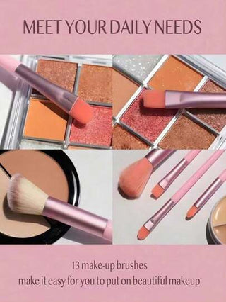 طقم فرش مكياج احترافية جديدة مكون من 13 قطعة + طقم 2 قطعة من قطن المساحيق الوردي الثلاثي للظل والأساس والكريم والبودرة وكعكة الوجه والرموش والأحمر - أدوات التجميل الناعمة الشاملة