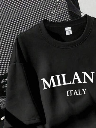 EZwear تيشيرت نسائي كاجوال بياقة مستديرة وأكمام قصيرة, قصة فضفاضة، طباعة نمط ميلانو، صيفي
