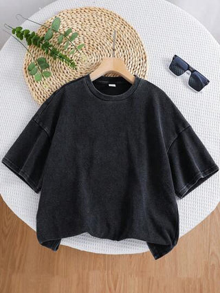 SHEIN تي شيرت تريكو فضفاض قصير الأكمام ملون محبب ذو رقبة مستديرة، مناسب للمراهق، للارتداء في المدرسة والحديقة والشاطئ وأيام الميلاد، في فصول الربيع والصيف والخريف والشتاء