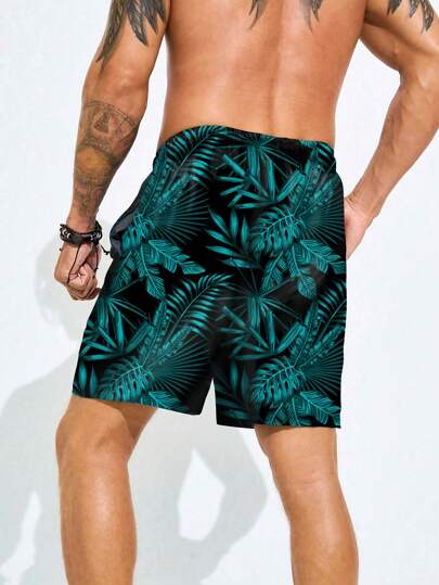 Manfinity شورت كاجوال بتصميم ربطة عنق مطبوع بالكامل مناسب للشاطئ، عطلة، هاواي