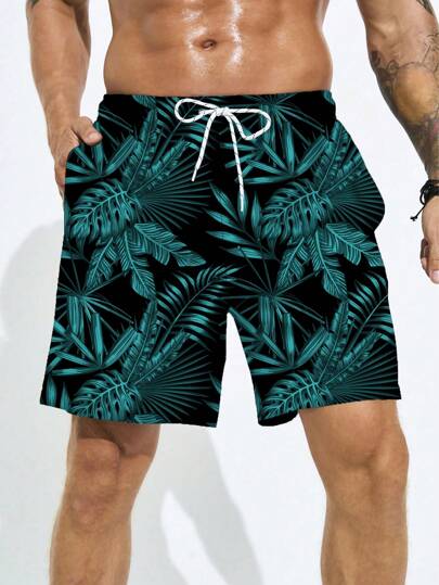 Manfinity شورت كاجوال بتصميم ربطة عنق مطبوع بالكامل مناسب للشاطئ، عطلة، هاواي