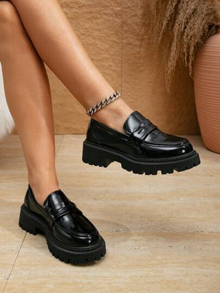 أحذية أوكسفورد حريمي كاجوال أنيق بلاتفورم لوفرز زيادة الارتفاع أكسفورد، أسلوب بريطاني عتيق ذو رؤوس مستديرة مريح بدون ربط للربيع والصيف والخريف والشتاء ، أسود