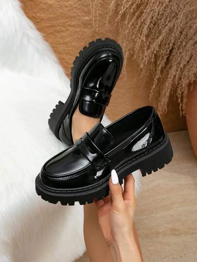 أحذية أوكسفورد حريمي كاجوال أنيق بلاتفورم لوفرز زيادة الارتفاع أكسفورد، أسلوب بريطاني عتيق ذو رؤوس مستديرة مريح بدون ربط للربيع والصيف والخريف والشتاء ، أسود