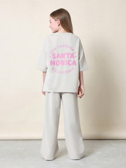 تيشيرتات بناتي SUMWON طقم تيشيرت أوفر سايز جامبسوت ملابس مريحة وناعمة ل Era-1 مكون من قطعتين بلون زهري مع نصوص، بنمط راحة السفر والشارع والشباب الكاجوال