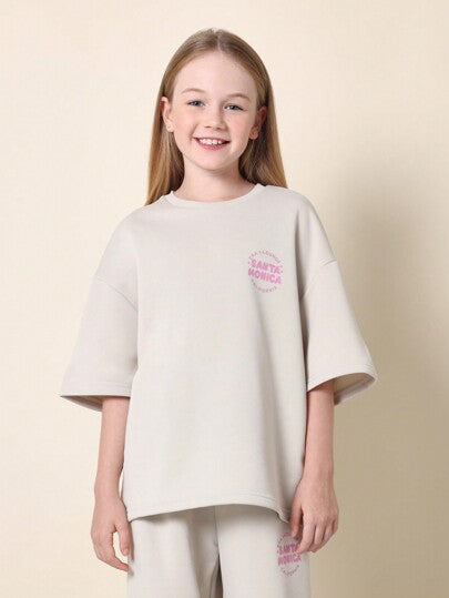 تيشيرتات بناتي SUMWON طقم تيشيرت أوفر سايز جامبسوت ملابس مريحة وناعمة ل Era-1 مكون من قطعتين بلون زهري مع نصوص، بنمط راحة السفر والشارع والشباب الكاجوال