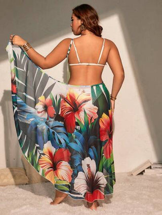SHEIN Swim Curve فستان من قطعة واحدة للمرأة ذات الحجم الكبير، طبعة استوائية، حمالة رفيعة، ضيق الجسم، غطاء شاطئ سكسي، للاصطياف الصيفي