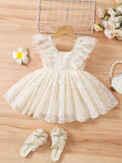 فساتين بيبي فستان ميني ملائم للفتيات الرضع مطرز بزهور، منسق بطيات ، أنيق وحلو