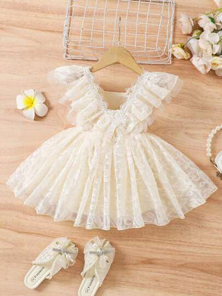 فساتين بيبي فستان ميني ملائم للفتيات الرضع مطرز بزهور، منسق بطيات ، أنيق وحلو