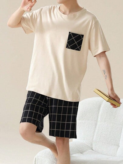 AICJ إزوج من مجموعة ملابس منزلية ربيعية/صيفية تتكون من سروال قصير أحادي اللون بفضفاضة وبسيطة مع تي شيرت قصير الأكمام بياقة طاقم