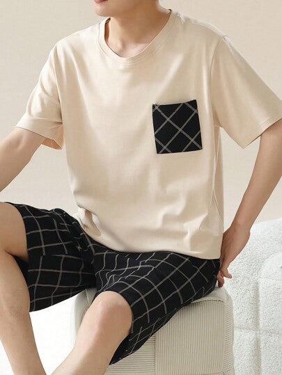 AICJ إزوج من مجموعة ملابس منزلية ربيعية/صيفية تتكون من سروال قصير أحادي اللون بفضفاضة وبسيطة مع تي شيرت قصير الأكمام بياقة طاقم