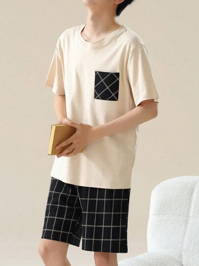 AICJ إزوج من مجموعة ملابس منزلية ربيعية/صيفية تتكون من سروال قصير أحادي اللون بفضفاضة وبسيطة مع تي شيرت قصير الأكمام بياقة طاقم