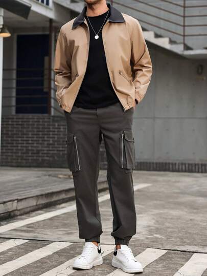 Manfinity CasualCool جاكيت رجالية ذات لون واحد وجيوب أمامية مع سحاب, ملابس خارجية