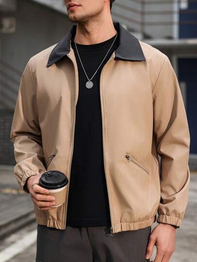 Manfinity CasualCool جاكيت رجالية ذات لون واحد وجيوب أمامية مع سحاب, ملابس خارجية