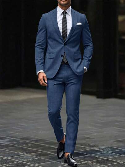 Manfinity Mode بدلة رجالية صلبة الألوان ذات قصة حزام أمامي وأكمام طويلة وبنطلون مجموعة، بدلة رجالية صلبة الألوان ببدلة وقصة بطراز بيل ذات جيوب مائلة مجموعة بدلات للرجال، بدلات الزفاف للرجال، البدلات الرسمية للرجال