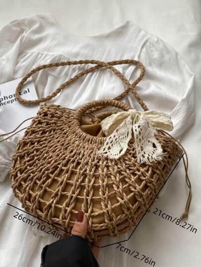 قطعة واحدة، حقيبة يد نسائية عطلة عطلة من القش بديكور شريطي، شكل بسيط وأنيق، مناسب للاستخدام اليومي والخروج، حقيبة كتف رسول أنيقة للنساء