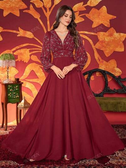 فستان نسائي بأكمام طويلة وياقة على شكل حرف V ، ذو لون أحادي أنيق ، مزين بإكسسوارات ألماسية وخصر عالي