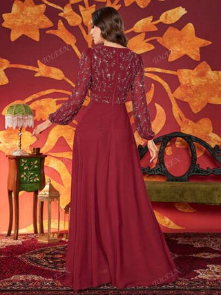 فستان نسائي بأكمام طويلة وياقة على شكل حرف V ، ذو لون أحادي أنيق ، مزين بإكسسوارات ألماسية وخصر عالي