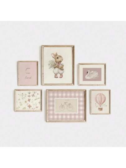 لوحة فنية لديكور غرفة الأطفال بسلاحف وأرانب بلون وردي جذاب بدون إطار، لوحة جدارية فنية مثالية لغرف النوم والمساكن الجامعية