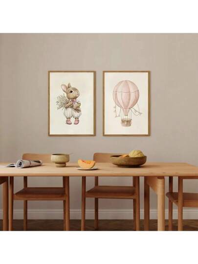 لوحة فنية لديكور غرفة الأطفال بسلاحف وأرانب بلون وردي جذاب بدون إطار، لوحة جدارية فنية مثالية لغرف النوم والمساكن الجامعية