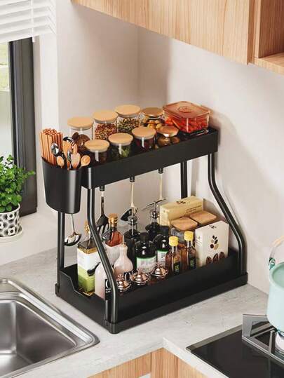 قطعتان من أدوات تنظيم المطبخ: رف مُنزلق لتنظيم بالوعة المطبخ، رف قابل للفصل لمستلزمات التنظيف، سلة لتخزين الحمام/المطبخ/الأطعمة. سعة تخزين كبيرة للمطبخ/الحمام. هدية مثالية لربات البيوت، عيد الأم.