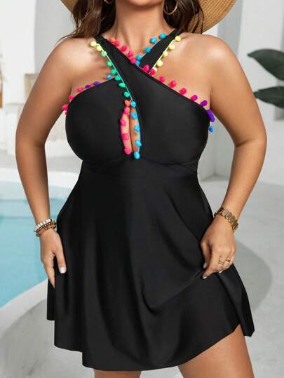 Swim Lushoire بلوزة سباحة كبيرة الحجم بحامل قابل للتعديل و تريم من الخصل الكروية للصيف والشاطئ والعطلات