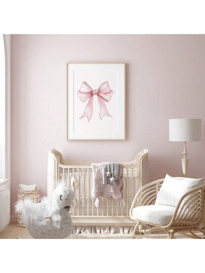 قطعة واحدة لوحة جدارية بشكل فيونكة وردية ذو طابع جَدّيّ، طباعة على قماش فني ملصق فينتاج بشرائط جميل لديكور غرفة النوم أو غرفة المعيشة أو غرفة الفتيات، بدون إطار