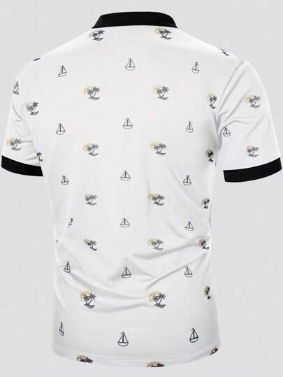 Manfinity Homme قميص بولو أكمام قصيرة برسم أشجار النخيل والقوارب باللون المجزأ للرجال