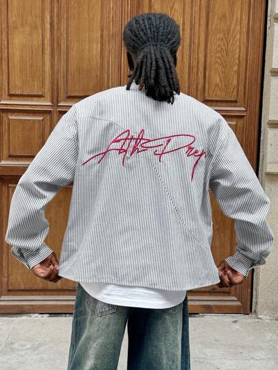 AXEPEAK قميص كاجوال رجالي بياقة طويلة بتصميم فضفاض ، رايات الكلية