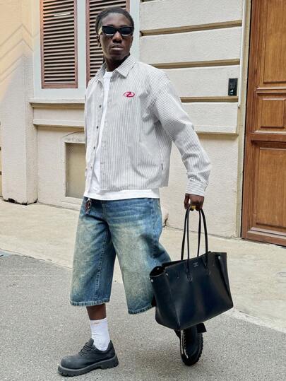 AXEPEAK قميص كاجوال رجالي بياقة طويلة بتصميم فضفاض ، رايات الكلية