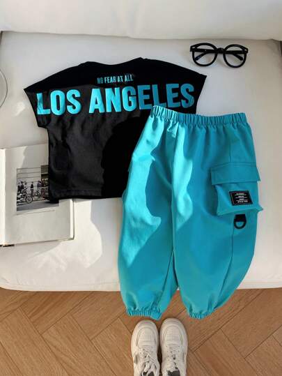 2 قطعة/مجموعة، ملابس علوية كشكشة رقبة من القطن التريكو بأكمام قصيرة وبنطال طويل كاجوال مناسب للأولاد والبنات ، مناسب للربيع والصيف في البيت والخارج