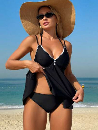 طقم تانكيني حريمي Swim طقم تانكيني للنساء لموسم الربيع بنمط موحد اللون وياقة على شكل حرف V وأشرطة مكشكشة، مجموعة سباحة من قطعتين بطراز Boho للمهرجانات، ملابس سباحة صيفية لعطلة الشاطئ