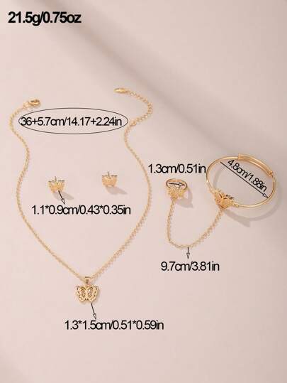 مجموعة مجوهرات 5 قطع للبنات: قلادة وأقراط وخاتم وسوار بتصميم الفراشة والنجمة الخماسية
