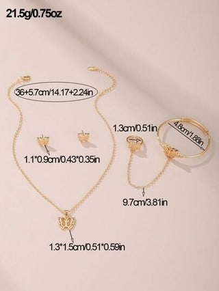 مجموعة مجوهرات 5 قطع للبنات: قلادة وأقراط وخاتم وسوار بتصميم الفراشة والنجمة الخماسية