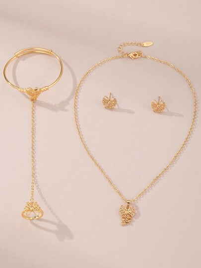 مجموعة مجوهرات 5 قطع للبنات: قلادة وأقراط وخاتم وسوار بتصميم الفراشة والنجمة الخماسية