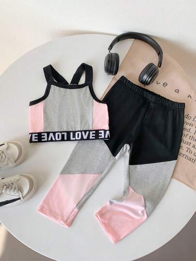 مجموعة من ملابس علوية خزان وباطلون لأطفال الرضع والصغار بنات، 2 قطعة، كورسيه خلفي ورياضي بتصميم رقعي ملون مرن من النسيج المحبوك للفتيات حتى عمر 3 سنوات