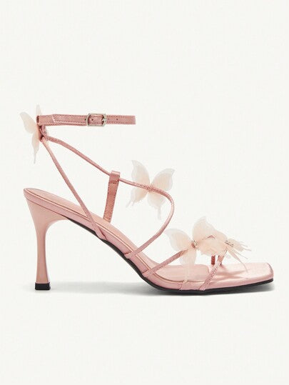 CUCCOO CHICEST أحذية نسائية ذات كعب عال براس مربع - تصميم تفصيل فراشة كعب عالي للسيدات