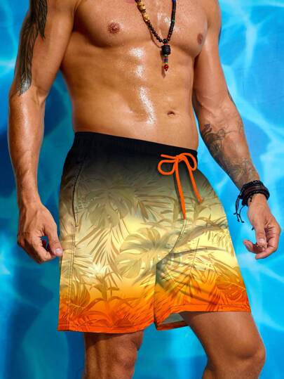 Manfinity VDAYZ شورت شاطئ رجالي بنقشة نباتية تدرجية الألوان مع سحاب الخصر، هاواي