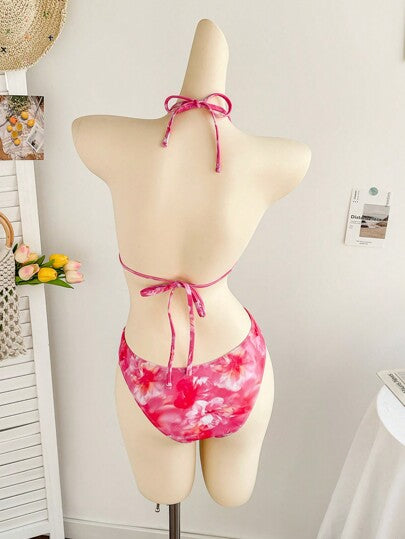 Soleia 3 مجموعات/مجموعة من ملابس البكيني للنساء ذات نمط طباعة الأزهار باللون الملون بتقنية التعتيق، صيحة للعطلات