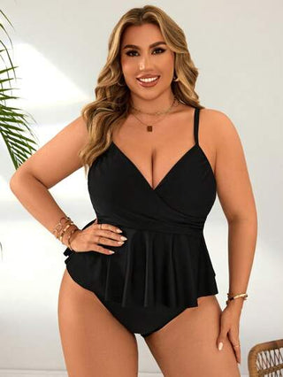 Swim Lushoire مجموعة تانكيني للسيدات البدينات مقاس إضافي مكونة من قطعتين ولون أحادي مع رقبة متقاطعة وذيل منفرج، مناسبة للصيف وحفلات الشاطئ