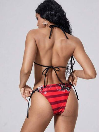 ROMWE Goth طقم بيكيني نسائي مثير بطبعة زهور وربطات عنق، للصيف وعطلات الشاطئ