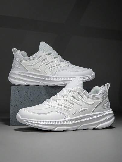 أحذية رياضية رجالية بأربطة عند الكاحل منخفضة القمة، مريحة وخفيفة الوزن، قابلة للتنفس، ماصة للصدمات، تزيد من الطول، باللون الأبيض متعددة الاستخدامات مناسبة للجري والتمارين