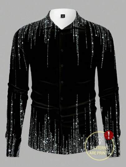 Manfinity ModaGents قميص كاجوال كم طويل بأزرار أمامية ذو طباعة بسيطة، مناسب للاستخدام اليومي للرجال