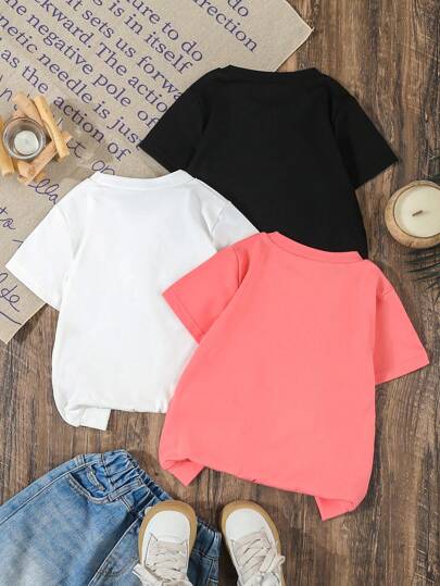 فتاة شابة 3 قطع/عبوة تيشيرتات بأكمام قصيرة بياقة مستديرة مطبوع عليها رسومات زهرية، بلوزات أطفال كاجوال متعددة الألوان للصيف