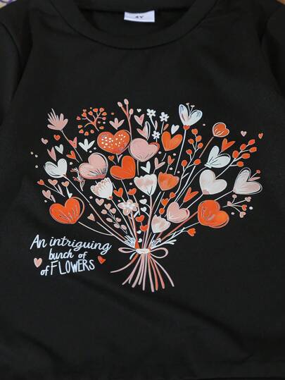 فتاة شابة 3 قطع/عبوة تيشيرتات بأكمام قصيرة بياقة مستديرة مطبوع عليها رسومات زهرية، بلوزات أطفال كاجوال متعددة الألوان للصيف