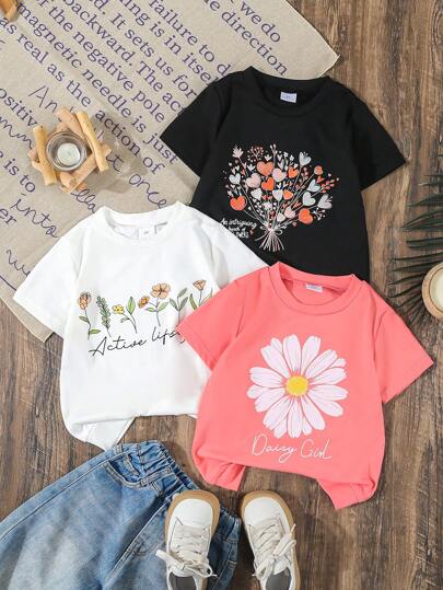 فتاة شابة 3 قطع/عبوة تيشيرتات بأكمام قصيرة بياقة مستديرة مطبوع عليها رسومات زهرية، بلوزات أطفال كاجوال متعددة الألوان للصيف