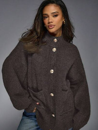MISSGUIDED كارديجان علوي برقبة مرتفعة فاخر محبوك مع أزرار وأكسسوارات ذهبية من المصمم، أكمام بالون ،كنزة صوفية شتوية دافئة كبيرة الحجم، موضة ملابس خارجية