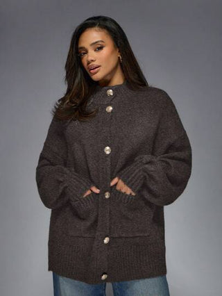 MISSGUIDED كارديجان علوي برقبة مرتفعة فاخر محبوك مع أزرار وأكسسوارات ذهبية من المصمم، أكمام بالون ،كنزة صوفية شتوية دافئة كبيرة الحجم، موضة ملابس خارجية
