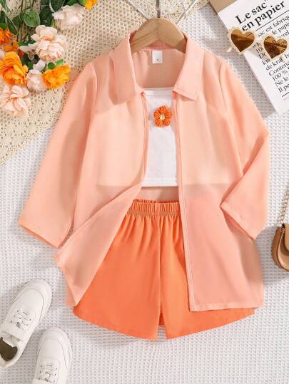 طقم من قطعتين : قميص كامي زهري 3D وشورت إضافة إلى جاكيت